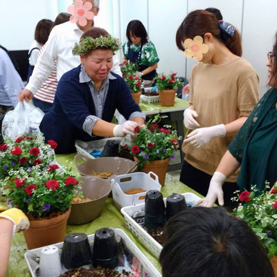 花創人はなそうにんガーデニング教室が138タワーパークで開催した赤いミニバラのプランツギャザリングワークショップで、参加者の寄せ植え制作をそばでサポートする様子。赤いミニバラやヘデラ、バロータ、ユーフォルビア ダイアモンドフロスト、カリブラコア ティフォシーをテラコッタ風プラ鉢に植え込み、企業・団体向け講習や地域イベント、福利厚生ワークショップの参考になる開催事例です。