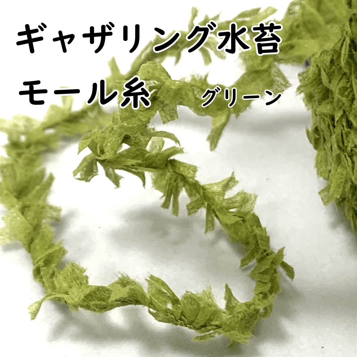 グリーンのギャザリング水苔モール糸をクローズアップした画像です。プランツギャザリングにおいて必須のアイテムで、この糸はギャザモスとも称され、一般的なアート水苔とは異なる特性を持っています。ホームセンターでは販売されておらず、一般社団法人JAPAN plants gathering society（JPGS）会員でのみ取り扱われている専用資材です。ユニットをまとめる時や、ルーティブーケ、苔玉、多肉植物の寄せ植えなどに使えます。