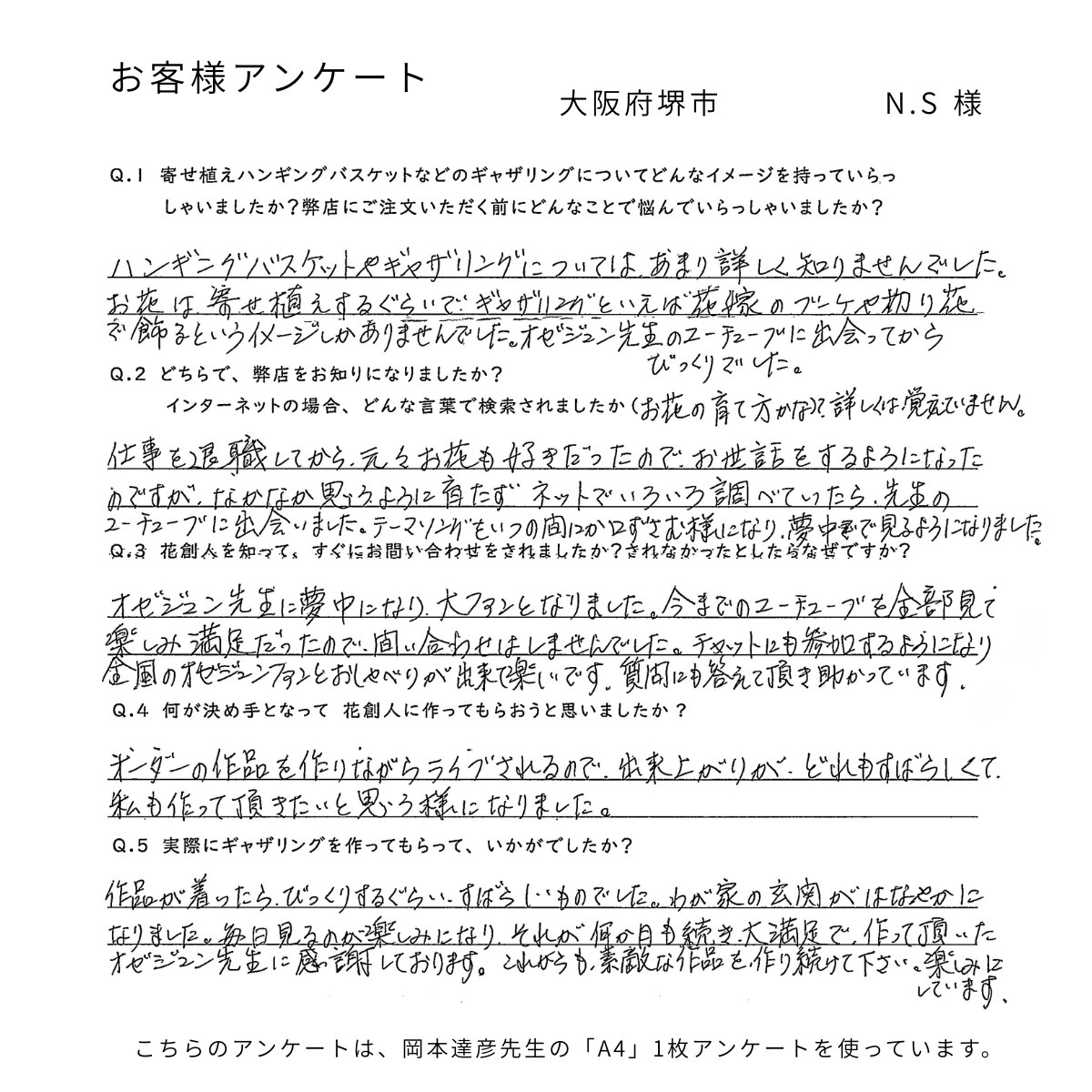 花創人のギャザリングオーダーで葉牡丹リース寄せ植えをお届けしたお客様の声。玄関が華やかになり、毎日見るのが楽しみになったという感想をいただいた、フリルがかわいい葉牡丹リースのプランツギャザリング作品です。オーダーメイド寄せ植え、冬の玄関飾り、全国発送のギフト、開店祝い、新築祝いを検討する方の参考になるアンケートです。