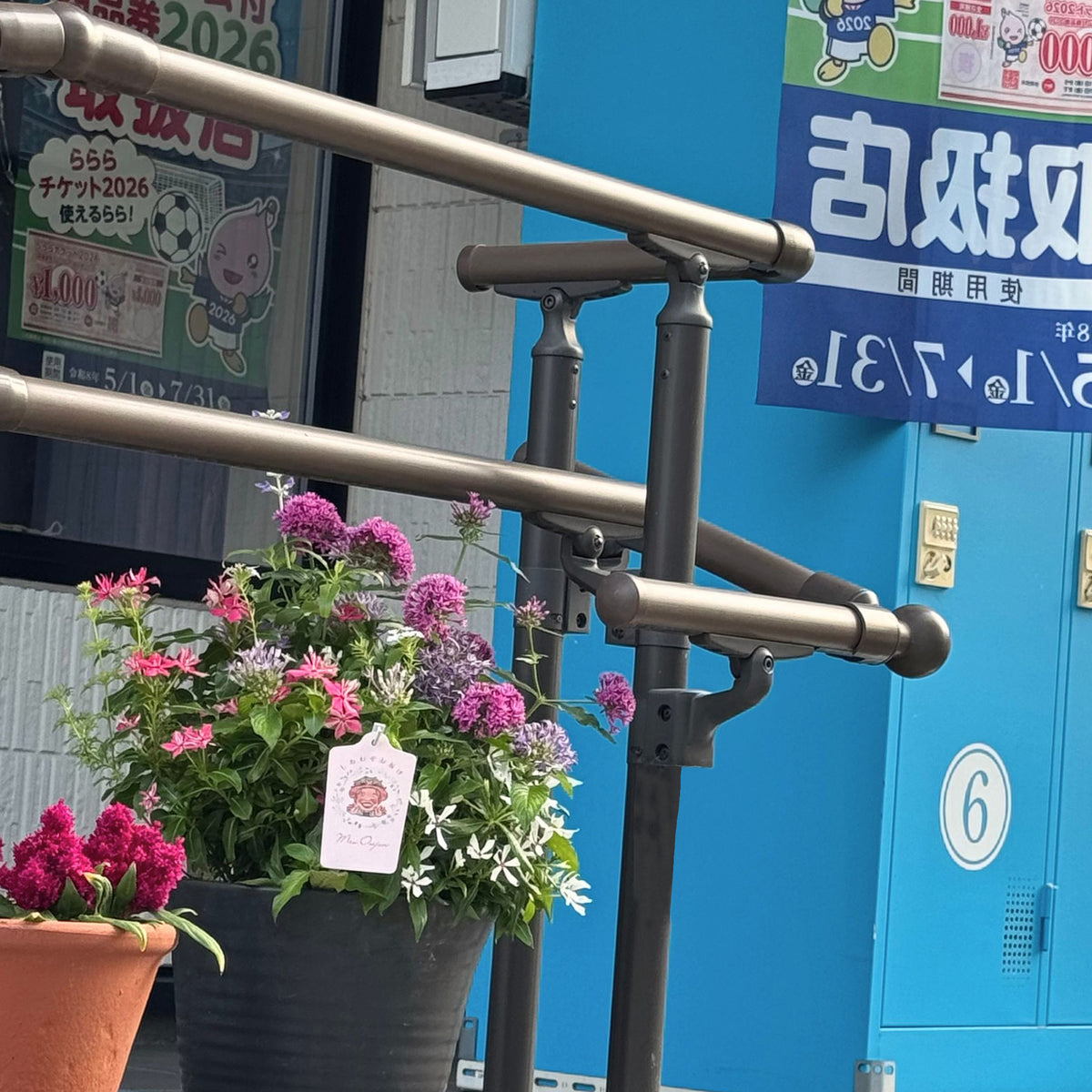 前島クリーニング様の店頭に飾った花創人の夏の寄せ植え。ペンタス デュアルスター、ペンタス シリウスそら、サルビア サリーファン、日日草 ミラ チェリーピンク、日日草 ゆきうさぎ、バーベナ テネラを使い、夏の暑さにも配慮しながら、店舗前を明るく華やかに彩るギャザリング風の寄せ植えに仕上げました。