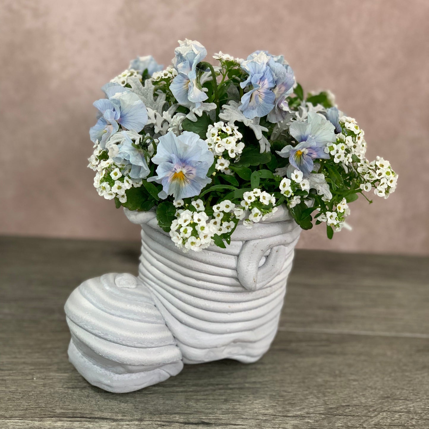 綱木紋鉢ブーツ型植木鉢 プランツギャザリングやかわいい寄せ植えに最適な長靴型の手作り植木鉢