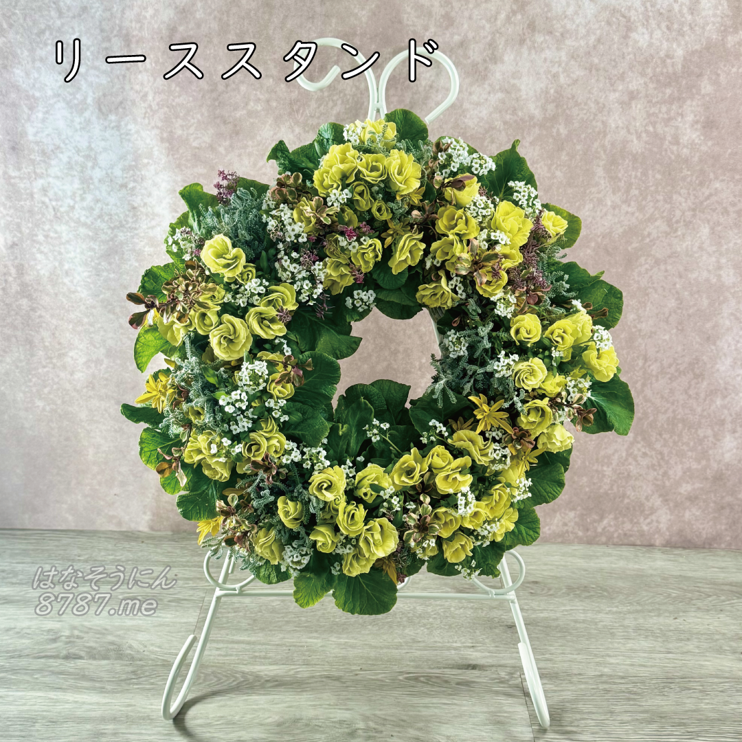 オゼジュン先生のプランツギャザリング・ギャザリング寄せ植えのリース 大同クラフトスタンドに掛けた使用例 オーダー承ります