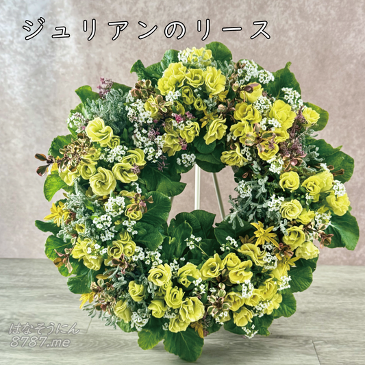 オゼジュン先生のプランツギャザリング・ギャザリング寄せ植え オーダーリース プリムラジュリアン マスカットのジュレとスイートアリッサムのリース オーダー承ります

