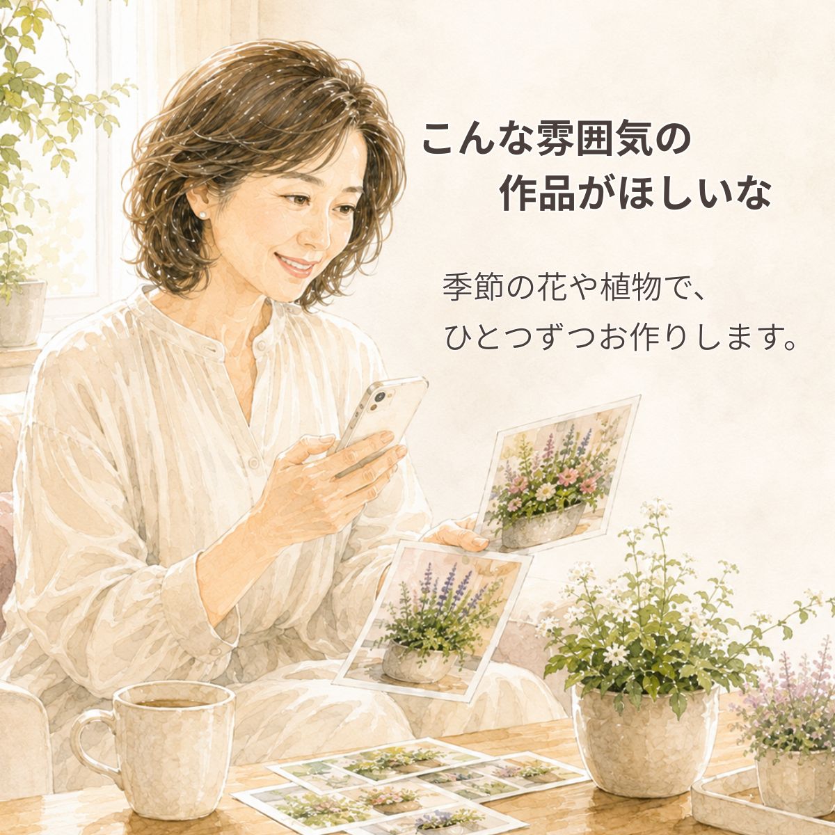 こんな雰囲気の作品がほしいな 季節の花や植物を使った寄せ植えやプランツギャザリングの写真を見ながら、こんな雰囲気の作品がほしいとイメージを膨らませる女性。花創人では、ご希望の色合いや雰囲気に合わせて、一点ずつオーダー作品を制作しています。