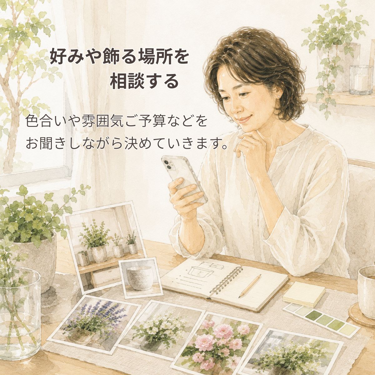 好みや飾る場所を相談する スマートフォンで相談しながら、好みの色合いや雰囲気、玄関やお庭など作品を飾る場所、予算を決めていく女性。花創人の寄せ植え・プランツギャザリングのオーダーは、ご希望を伺いながら季節の花や植物を組み合わせて制作します。