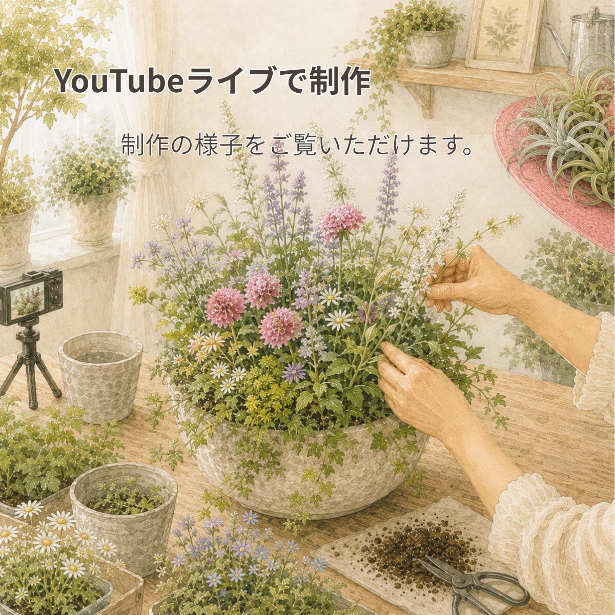 YouTubeライブで制作 季節の花や植物を組み合わせ、寄せ植え・プランツギャザリングのオーダー作品を制作する手元と、制作の様子を配信するカメラ。花創人ではYouTubeライブでオーダー作品が出来上がっていく制作過程をご覧いただけます。