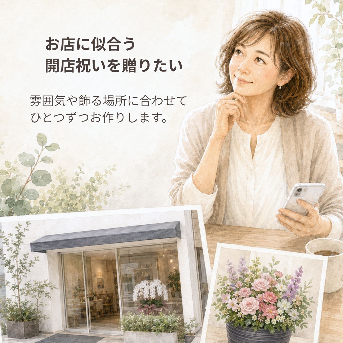 花創人の開店祝いギャザリングオーダーは、お店の雰囲気や飾る場所、ご予算に合わせて季節の花と植物を組み合わせるオーダーメイド寄せ植えです。店舗写真や好みの色合いを参考に、飲食店やサロン、ショップの開店祝い・開業祝いに似合う作品をご提案し、全国発送でお届けします。
