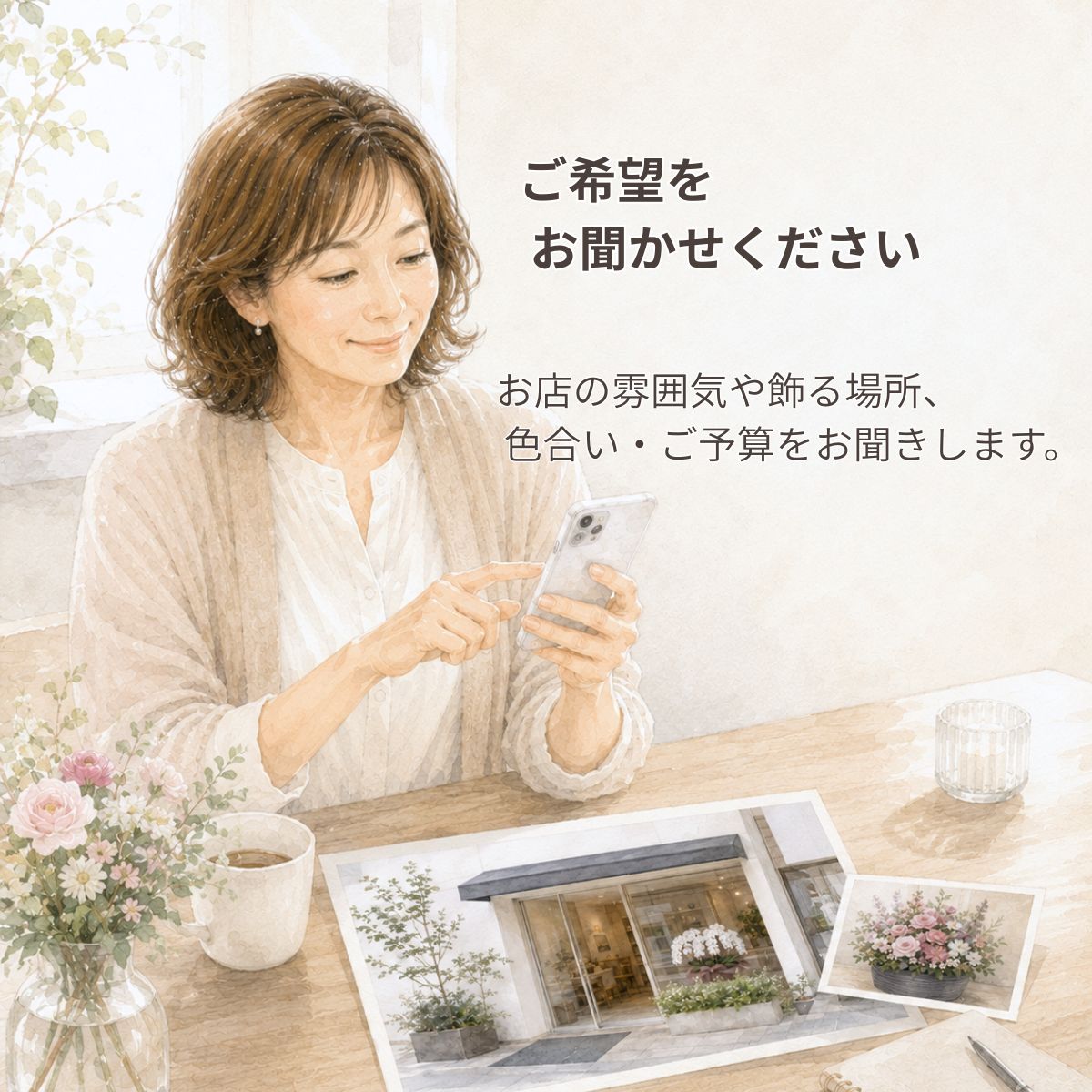 花創人の開店祝いオーダーメイド寄せ植えは、店舗の写真を見ながら色合い・雰囲気・飾る場所・ご予算などの希望を相談して制作できます。おまかせはもちろん、こんな感じでと伝えるだけでも大丈夫。開店祝い、開業祝い、リニューアル祝いに贈れるプランツギャザリングを全国発送します。