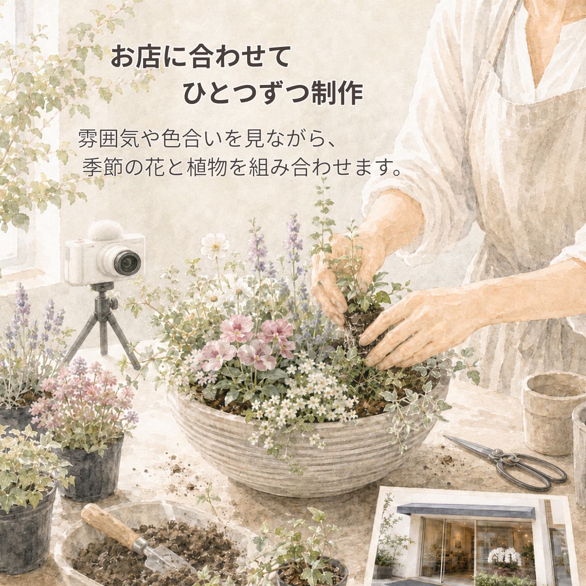 花創人が制作する開店祝いのプランツギャザリングは、季節の花やリーフを小さな花束のように組み合わせ、花や植物の向きと色の重なりを見ながら一つずつ仕上げます。YouTubeライブで制作する作品もあり、店舗やサロン、飲食店への開店祝い・開業祝いとして全国発送できるオーダーメイド寄せ植えです。