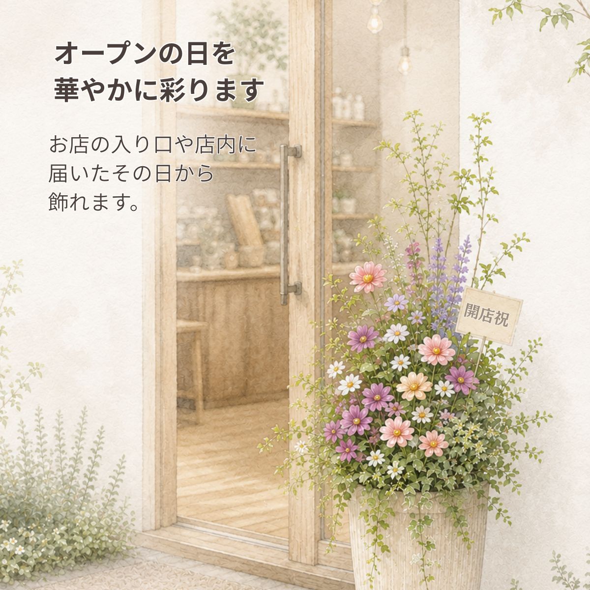 花創人の開店祝いオーダーメイド寄せ植えは、ピンク・白・紫系の花とグリーンを縦長の鉢にバランスよく植え込み、店舗の入口や店内に飾りやすいすっきりとしたプランツギャザリングに仕上げます。オープンの日を彩る開店祝い・開業祝いとして、届いたその日から飾れる寄せ植えを全国発送します。