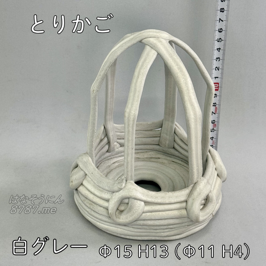 綱木紋鉢 とりかご 白グレー 正面 はなそうにん オゼジュン先生のプランツギャザリング 寄せ植え用植木鉢
