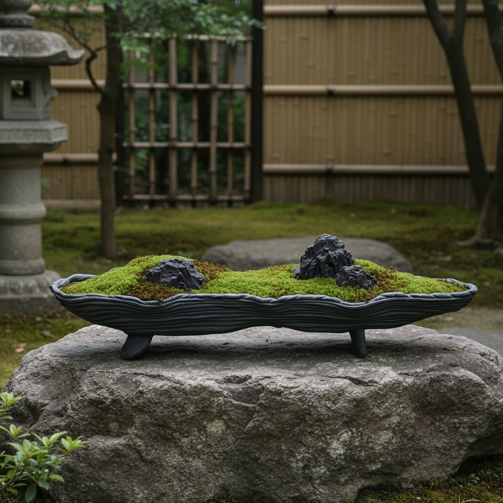 綱木紋鉢 舟型L 濃いグレー 苔 富士石を使ったコケ盆栽のような和風寄せ植え作品イメージはなそうにん オゼジュン先生のプランツギャザリング 寄せ植え用植木鉢 生成AIの画像です