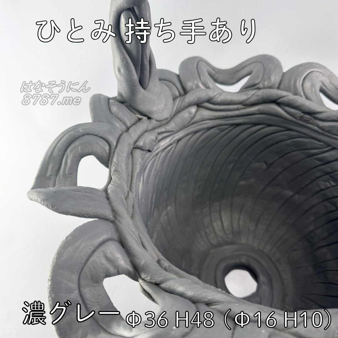 綱木紋鉢 ひとみ持ち手付き 濃いグレー 植え込み部アップ はなそうにん オゼジュン先生のプランツギャザリング 寄せ植え用植木鉢