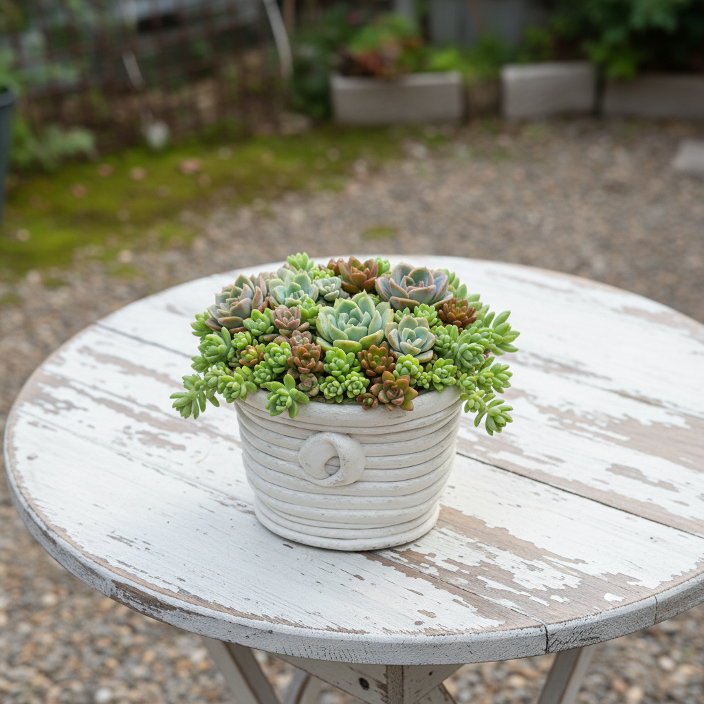 綱木紋鉢 ハミング セダムを中心とした多肉植物の寄せ植え作品例 シャビーシックなガーデンに置いた様子 はなそうにん オゼジュン先生のプランツギャザリング 寄せ植え用植木鉢 生成AI