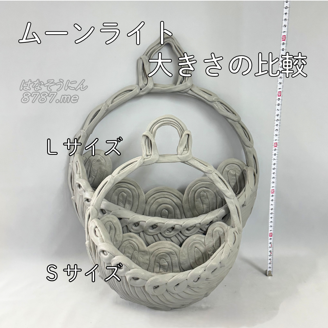 綱木紋鉢 ムーンライト SサイズとLサイズ 大きさ比較 正面から はなそうにん オゼジュン先生のプランツギャザリング 寄せ植え用植木鉢