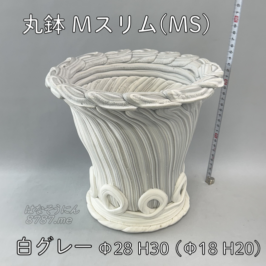 綱木紋鉢 丸鉢Mサイズスリム(MS) 白グレー 正面メイン はなそうにん オゼジュン先生のプランツギャザリング 寄せ植え用植木鉢
