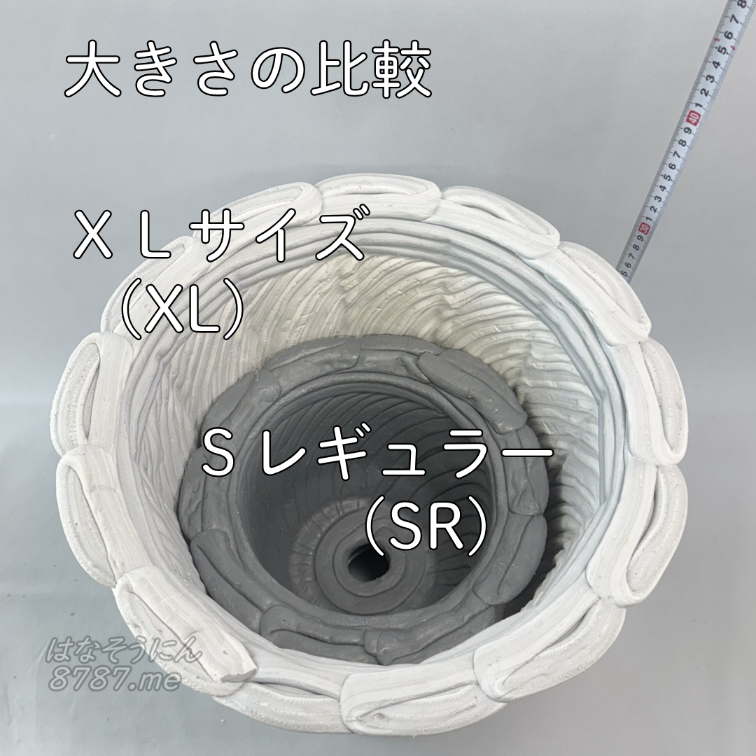綱木紋鉢 丸鉢 XLサイズ(XL)とSレギュラー(SR) 大きさ比較 上から SレギュラーがXLサイズの中にすっぽり入ります はなそうにん オゼジュン先生のプランツギャザリング 寄せ植え用植木鉢