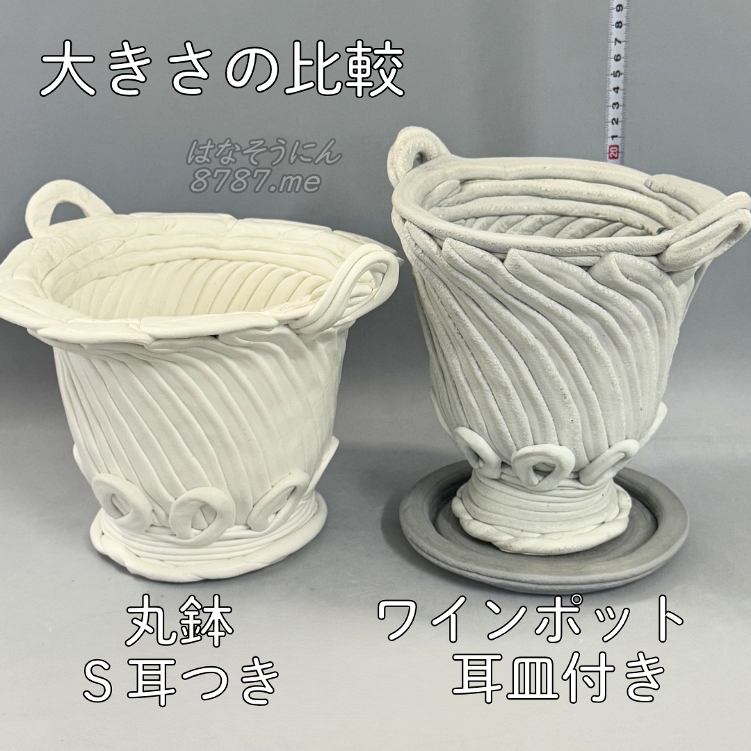 綱木紋鉢 ワインポット耳皿付きとS耳付き(SE) 大きさ比較 はなそうにん オゼジュン先生のプランツギャザリング 寄せ植え用植木鉢