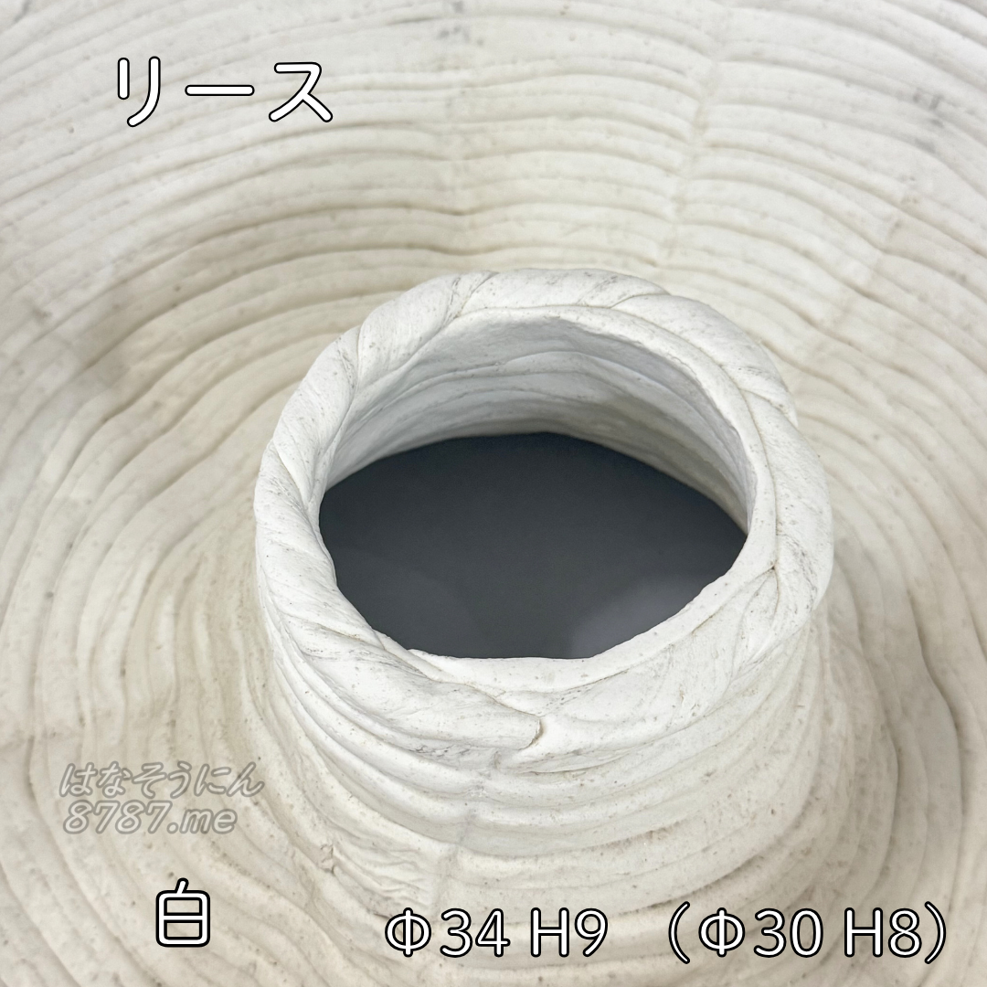 綱木紋鉢 リース 白 中央部のアップ はなそうにん オゼジュン先生のプランツギャザリング 寄せ植え用植木鉢