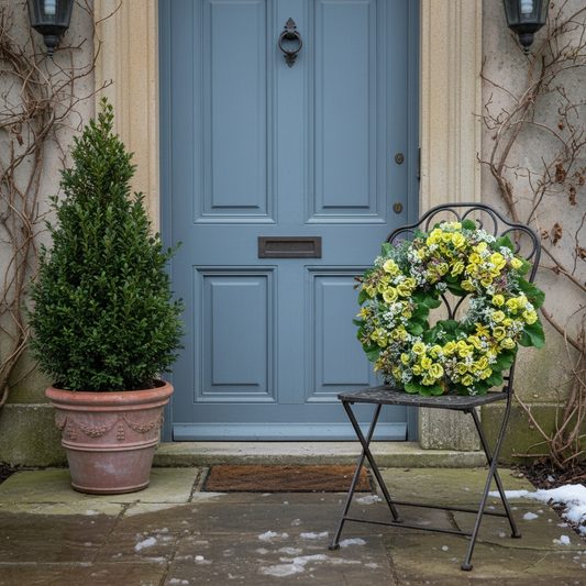 オゼジュン先生のプランツギャザリング寄せ植え、ジュリアンのリースを椅子に立てかけて飾った冬の玄関先ディスプレイ。オーダー承ります